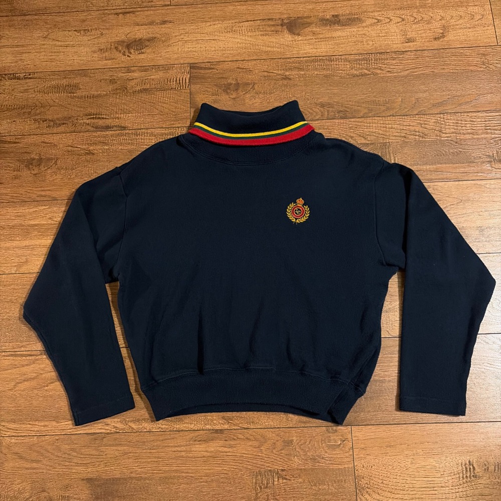 Lizsport Womens Petite S Mock Neck Crest Sweatshirt Navy Blue Cotton Vintage